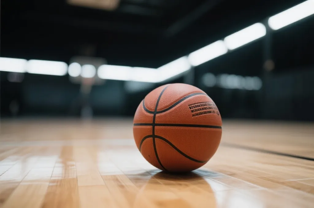 A basketball sitting on a polished wooden court floor with blurred background lights, clean minimalist composition