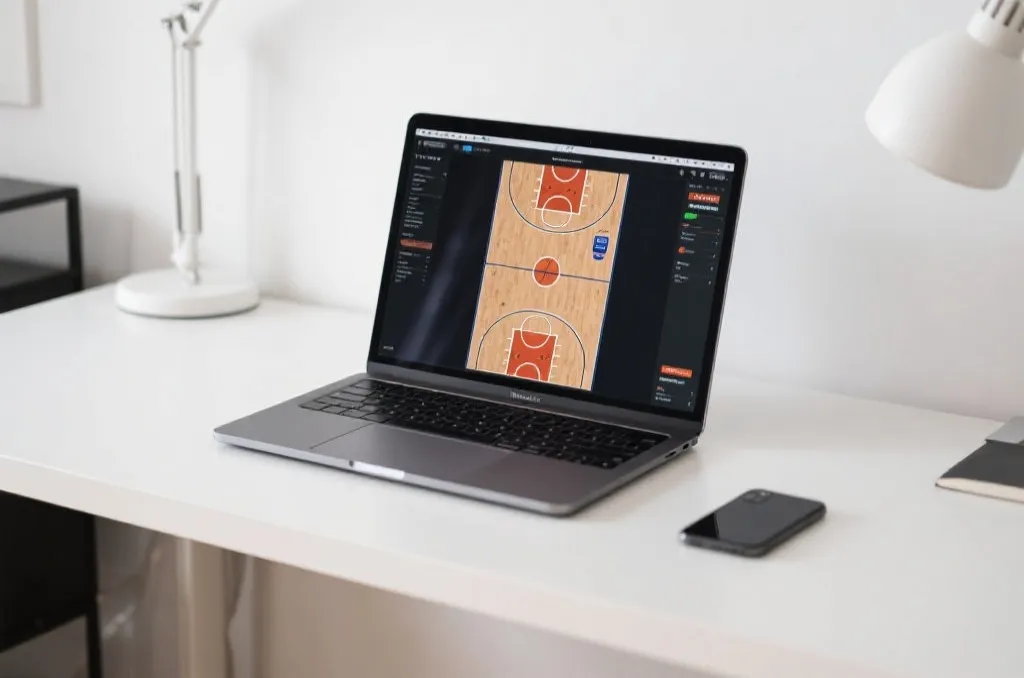 A clean, modern desk setup with a laptop displaying a basketball game layout and a smartphone resting nearby, minimalist aesthetic, professional photography