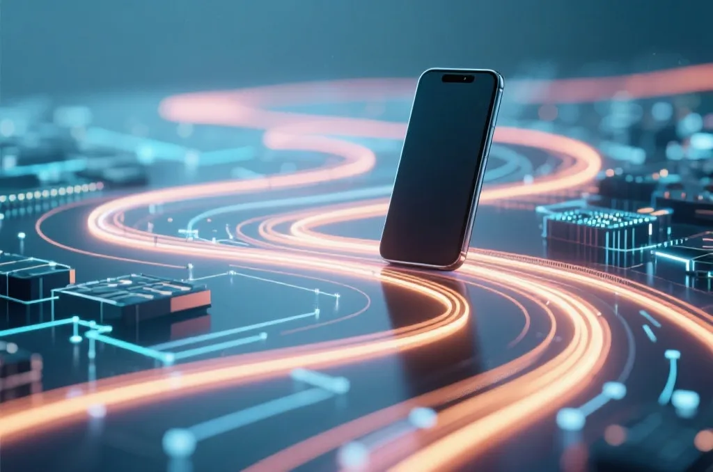 An abstract representation of digital connectivity, showing smooth glowing paths leading to a smartphone